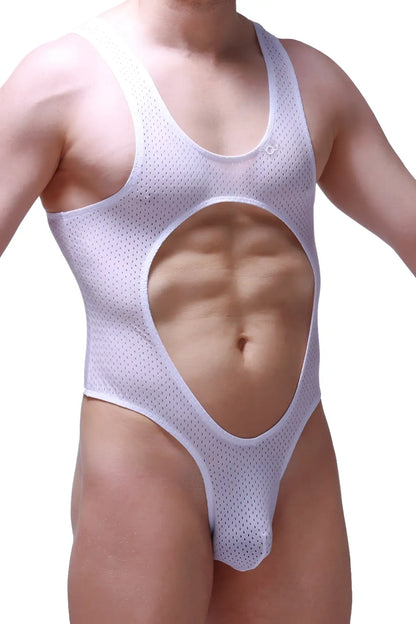 White mesh one-piece swimsuit bodysuit lerzy bee white featuring a large cutout at the abdomen