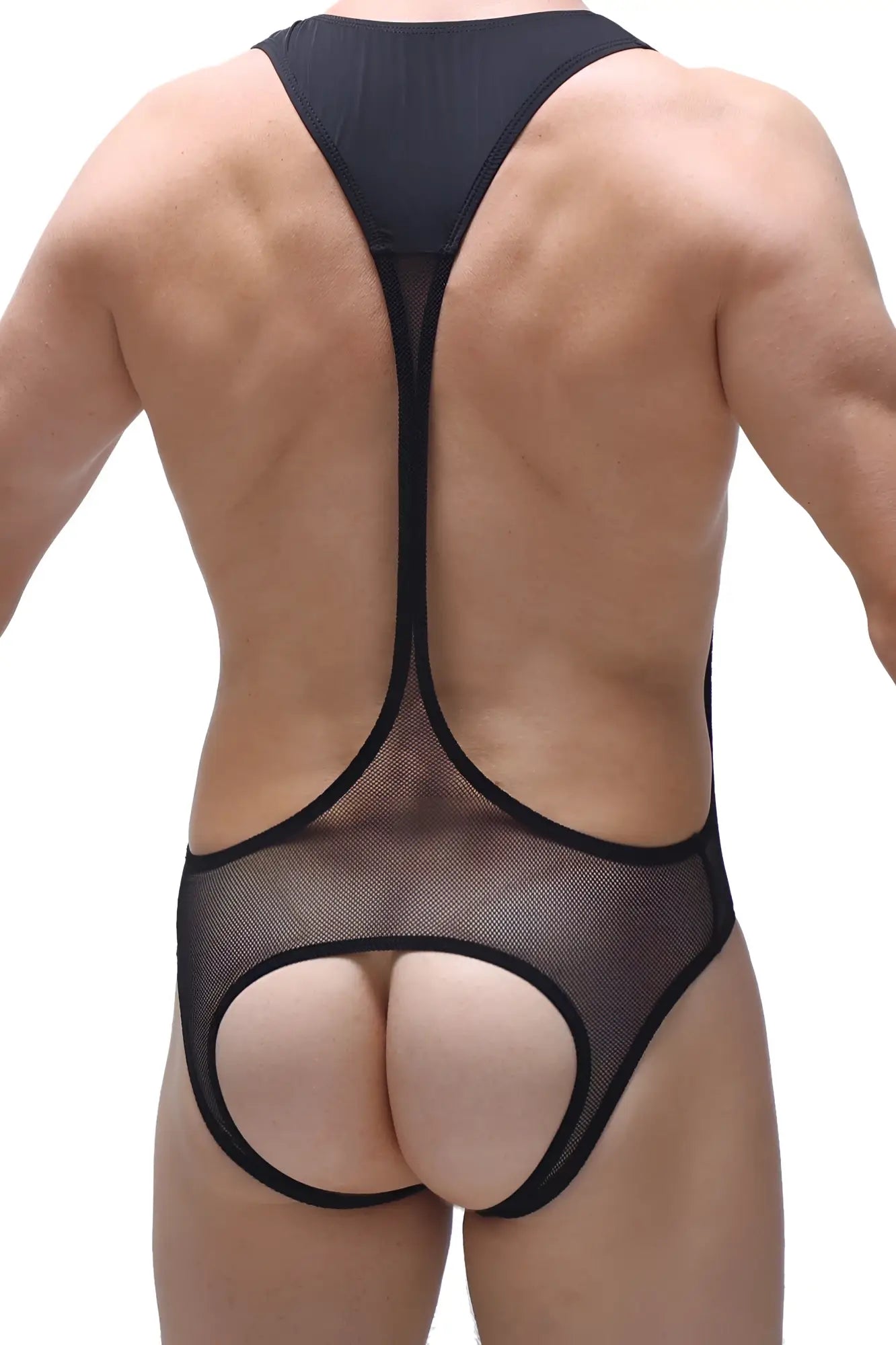 Black mesh bodysuit open net with cutout design showcasing sheer breathable fabric and stylish detailing