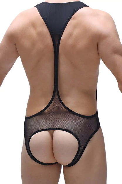 Black mesh bodysuit open net with cutout design showcasing sheer breathable fabric and stylish detailing