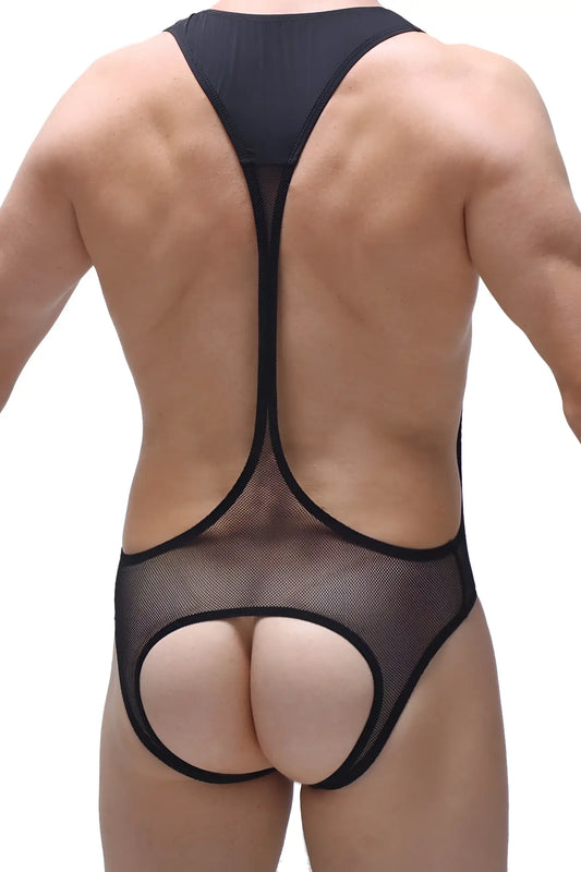 Black mesh bodysuit open net with cutout design showcasing sheer breathable fabric and stylish detailing