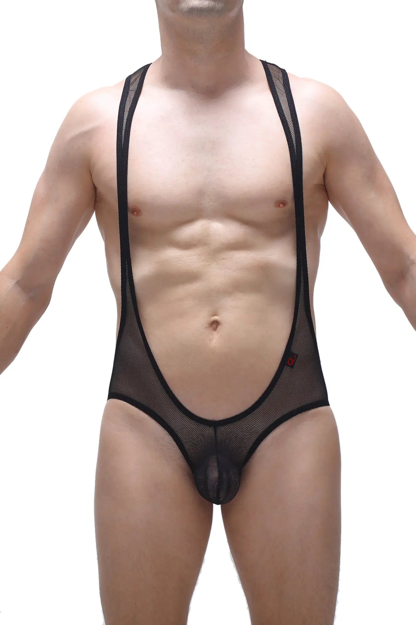 Black mesh men’s suspenders briefs bodysuit open net black sheer form-fitting design