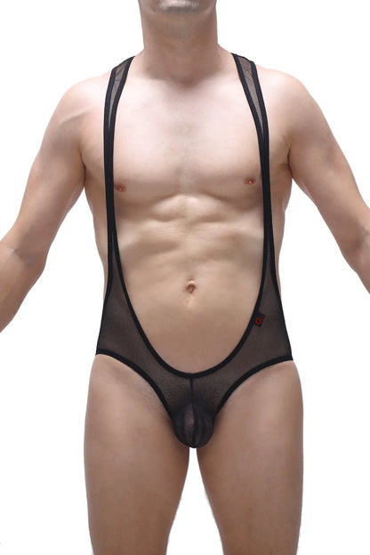 Black mesh men’s suspenders briefs bodysuit open net black sheer form-fitting design