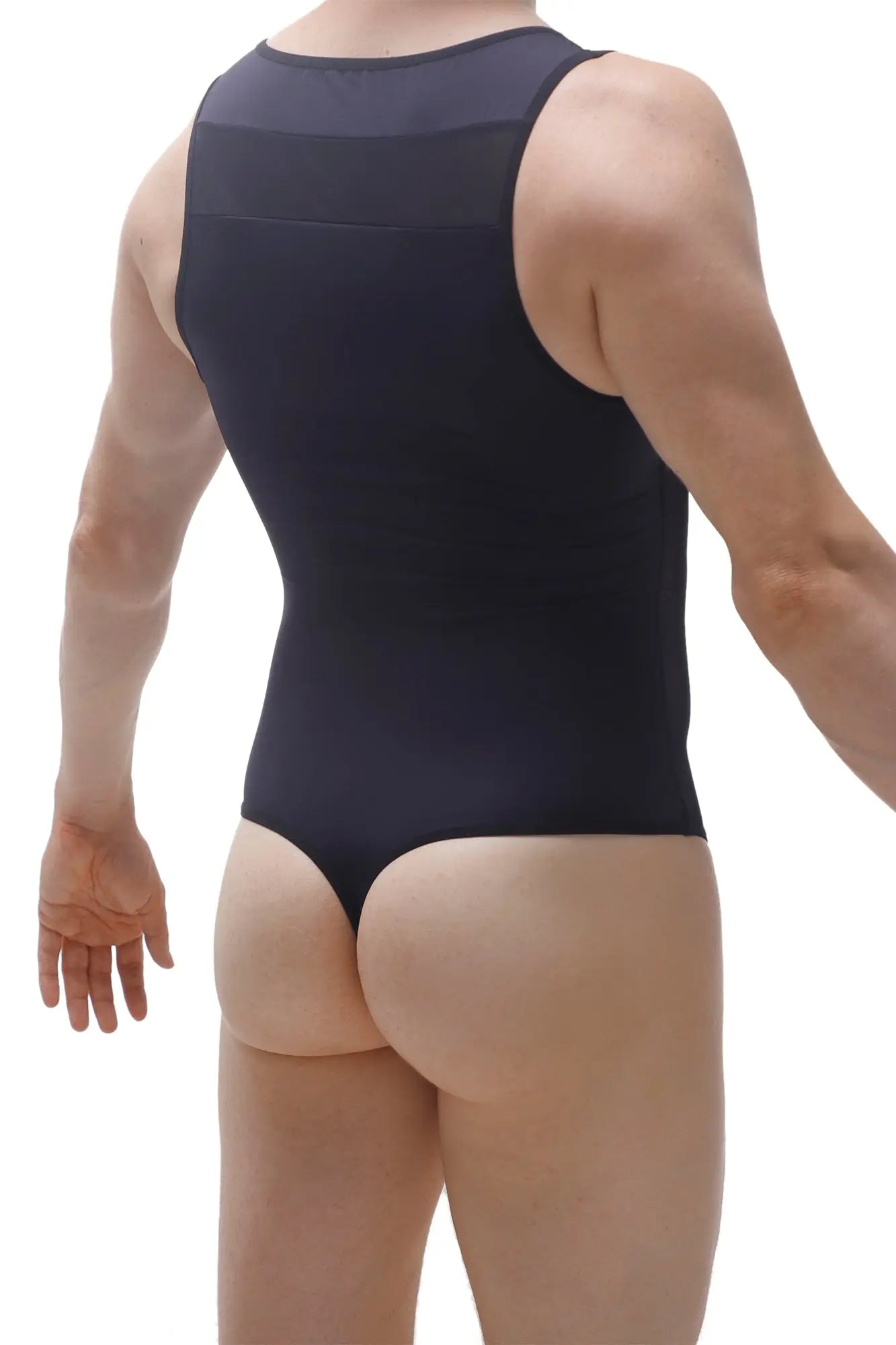 Black sleeveless form-fitting bodysuit raix black shown from the back with a mesh panel across the upper back