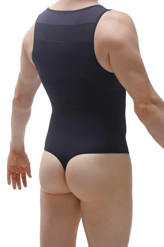 Black sleeveless form-fitting bodysuit raix black shown from the back with a mesh panel across the upper back