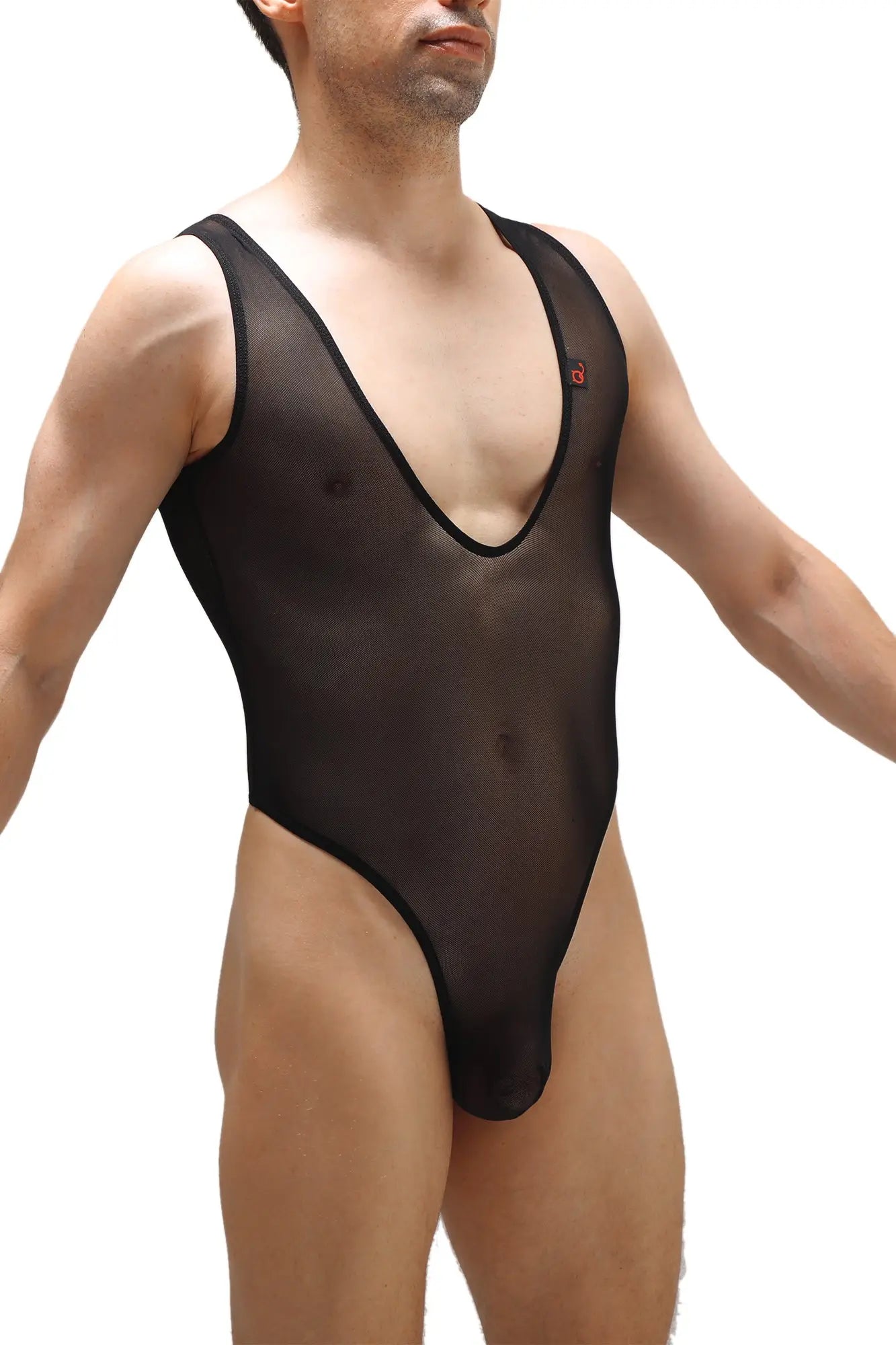 Bodysuit Soyons Net Black sheer black mesh one-piece swimsuit with black trim and red logo on upper left chest