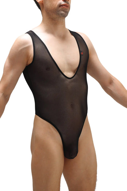Bodysuit Soyons Net Black sheer black mesh one-piece swimsuit with black trim and red logo on upper left chest