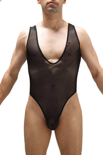 Black sheer mesh one-piece bodysuit soyons net black with black trim and a sleek, modern design