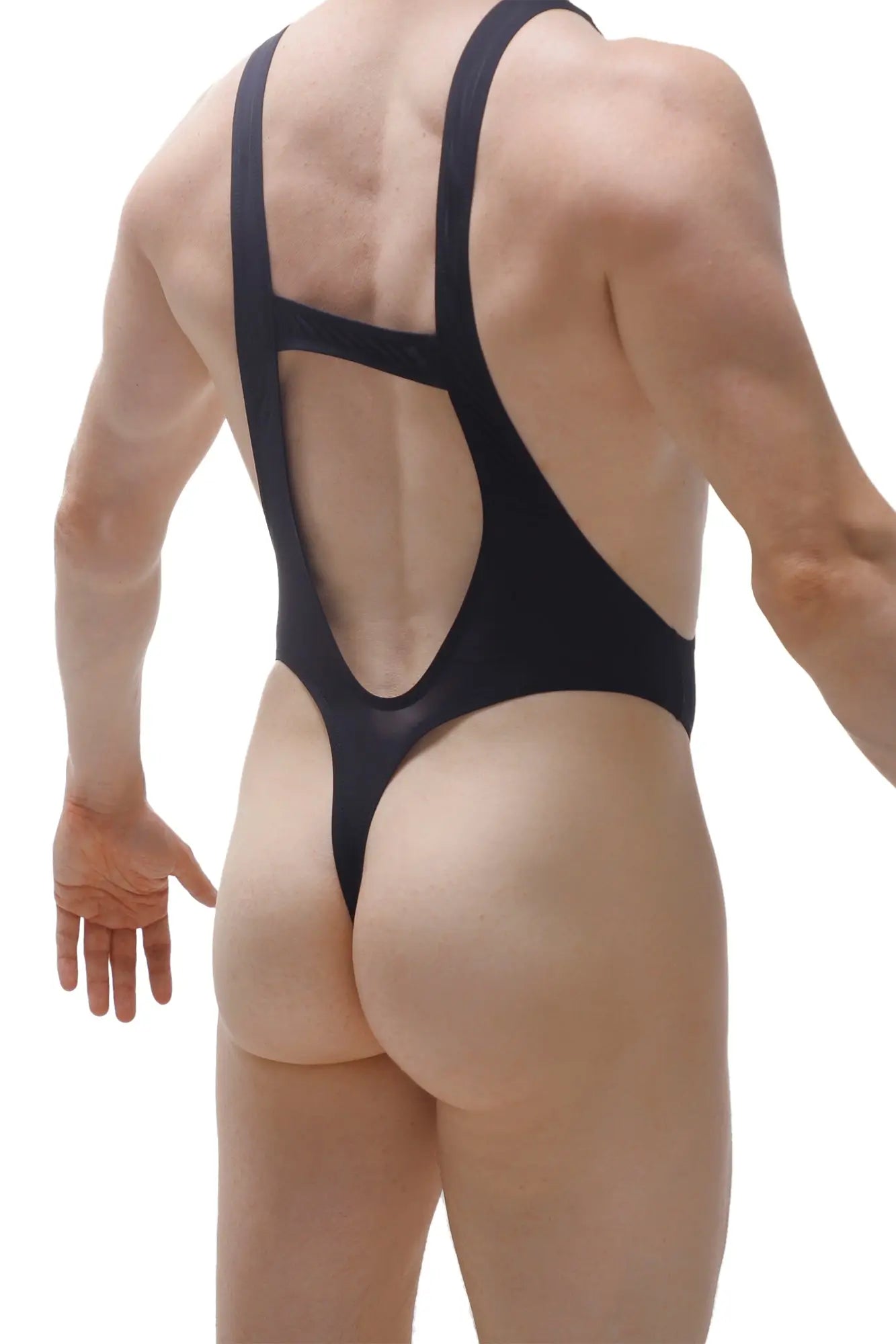 Back view of black bodysuit thong gonzac with cutout design in one-piece swimsuit style