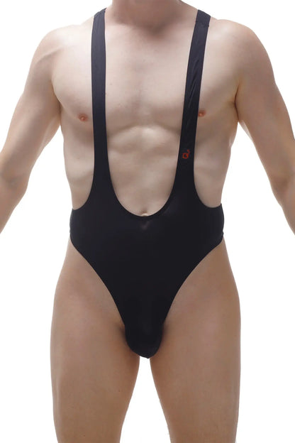 Black one-piece swimsuit bodysuit thong gonzac with wide shoulder straps and deep v-neckline