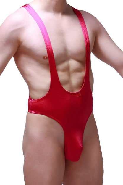 Red metallic one-piece bodysuit thong gonzac joe framboise with pink shoulder straps for stylish swimwear