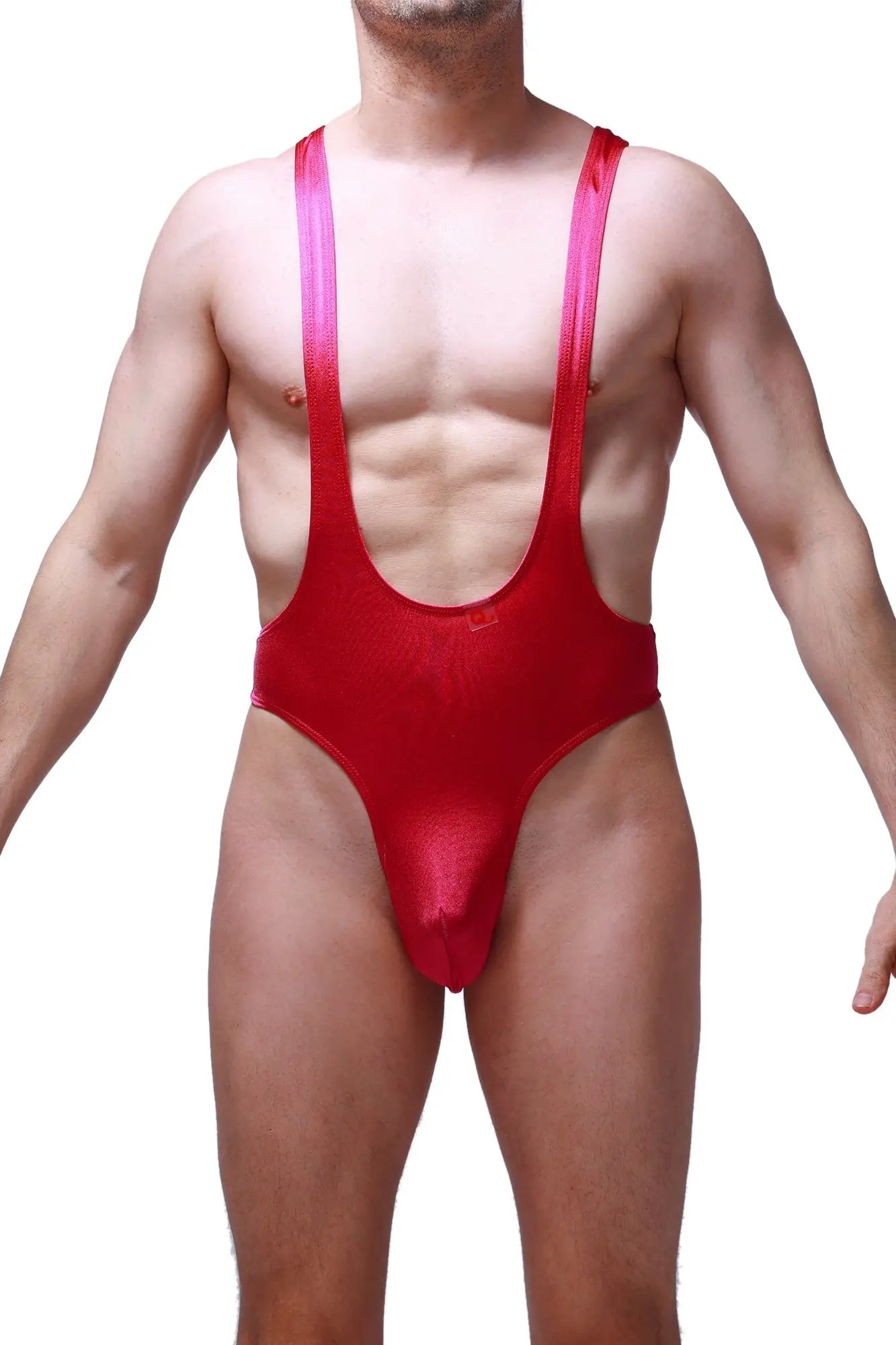 Red shiny one-piece bodysuit thong gonzac joe framboise with wide shoulder straps and a front cutout