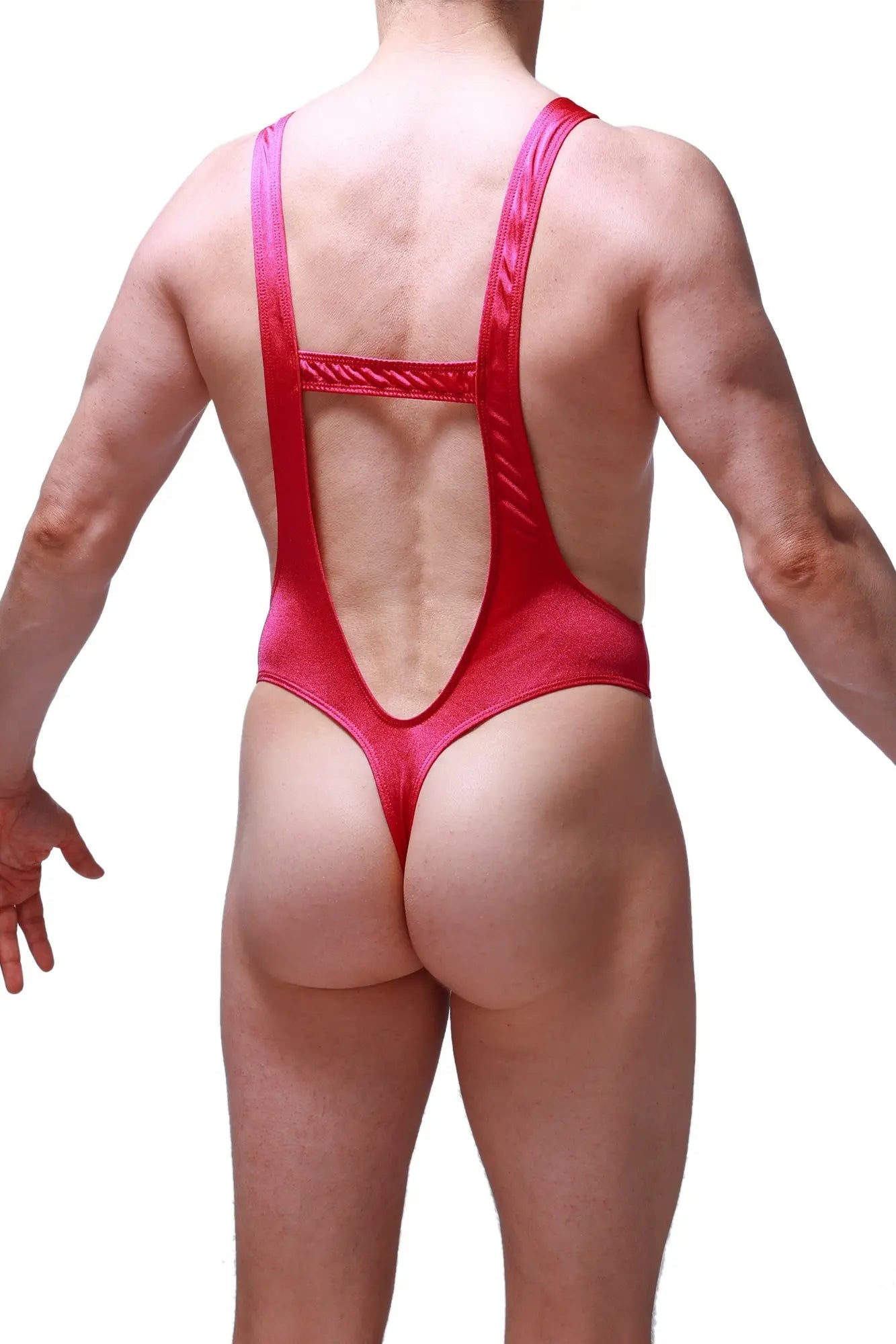 Vibrant red shiny bodysuit thong gonzac joe framboise with a cutout back and thin straps shown from the back