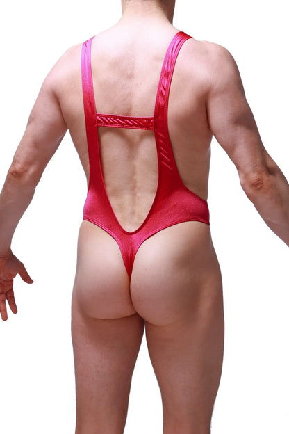 Vibrant red shiny bodysuit thong gonzac joe framboise with a cutout back and thin straps shown from the back