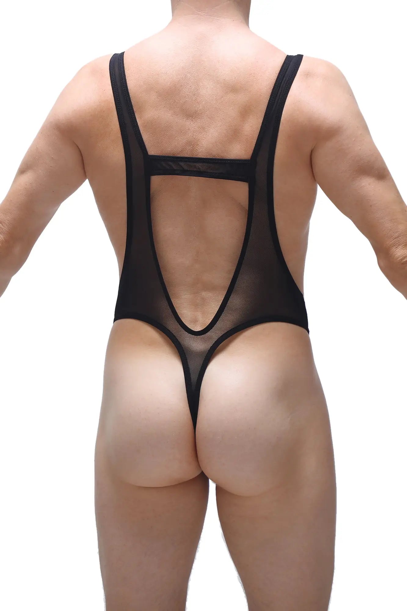 Black sheer mesh bodysuit thong gonzac net with backless design and thin straps shown from the back side