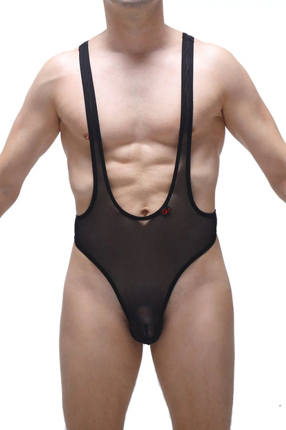 Black sheer mesh one-piece bodysuit thong with black elastic straps and small red logo on the chest
