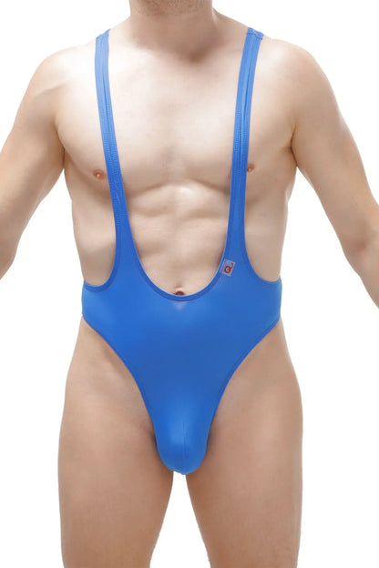 Blue bodysuit thong gonzac plum blue with wide shoulder straps and high-cut leg design in a one-piece swimsuit style