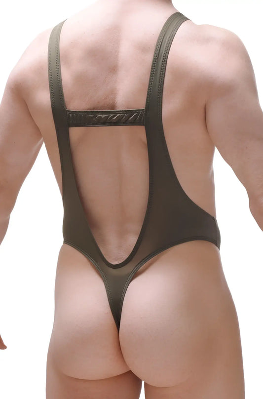 Olive green bodysuit thong gonzac plum green one-piece swimsuit with mesh back and thin straps shown from the back