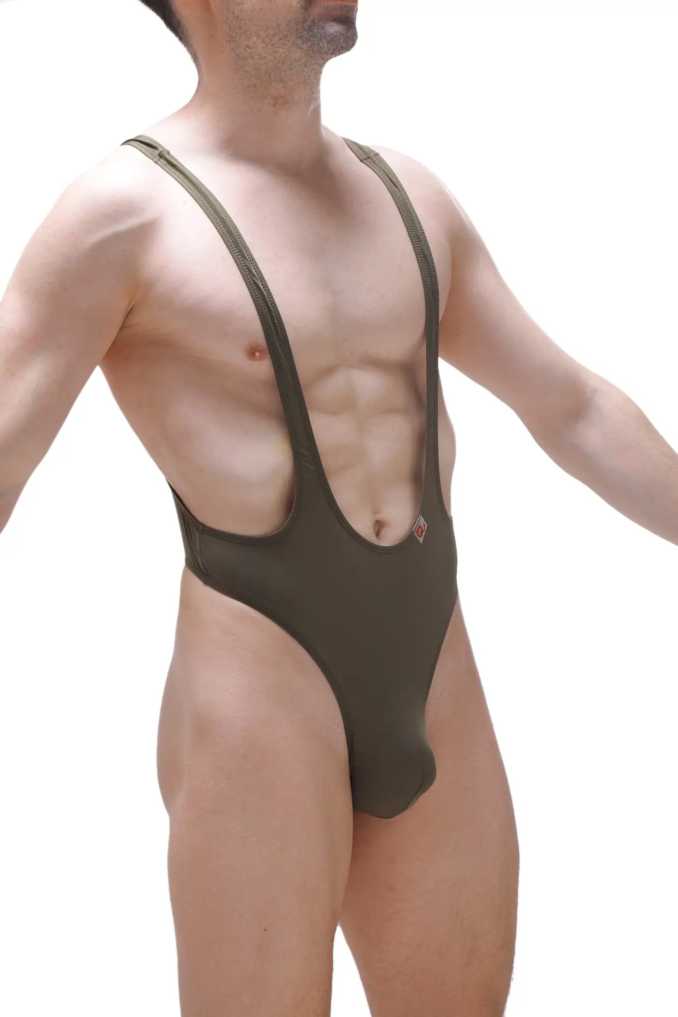 Olive green one-piece swimsuit bodysuit thong gonzac plum green with thin straps and low-cut front design