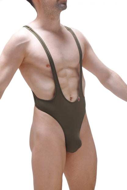 Olive green one-piece swimsuit bodysuit thong gonzac plum green with thin straps and low-cut front design