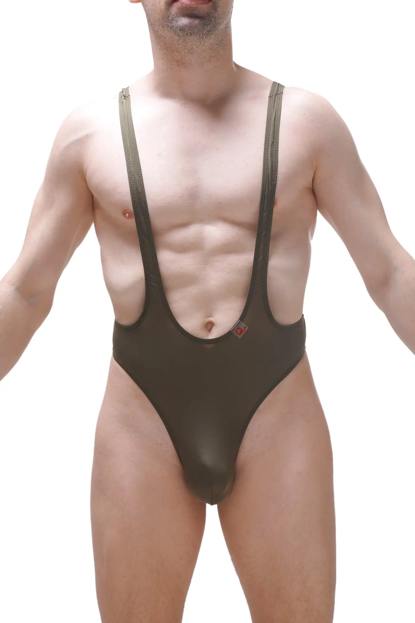A sleek olive green bodysuit thong with thin shoulder straps and a low cut front design named Gonzac Plum Green