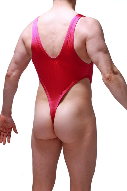 Back view of a vibrant red bodysuit thong lepuil joe framboise with deep v-back and high-cut leg openings