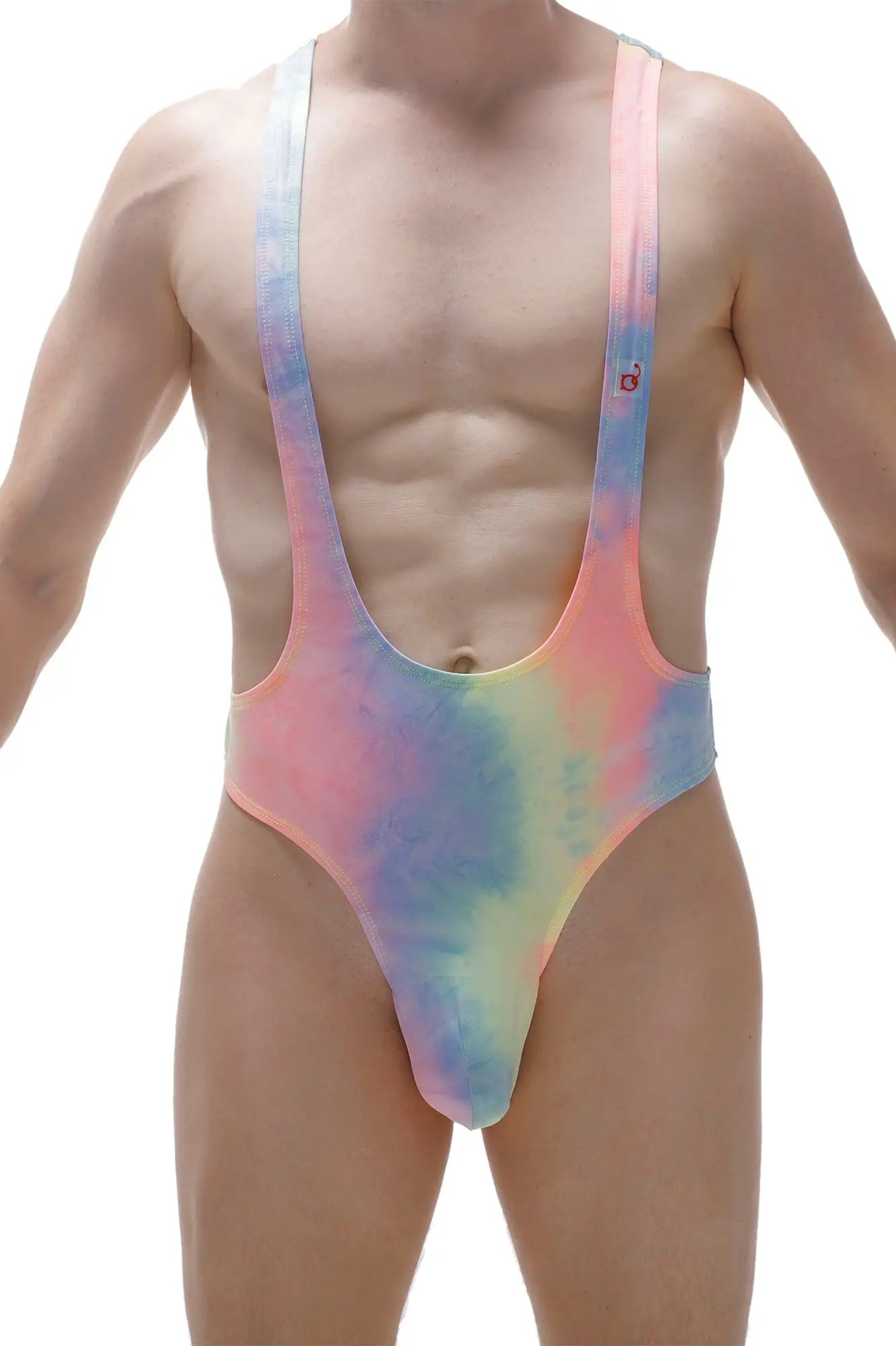 A vibrant tie-dye one-piece bodysuit thong lepuil matala with high-cut leg and wide shoulder straps in pink blue yellow and green