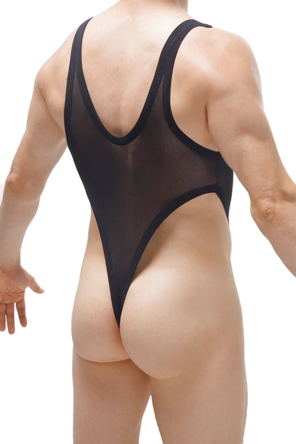 Black sheer mesh one-piece swimsuit bodysuit thong lepuill net black with bold black trim
