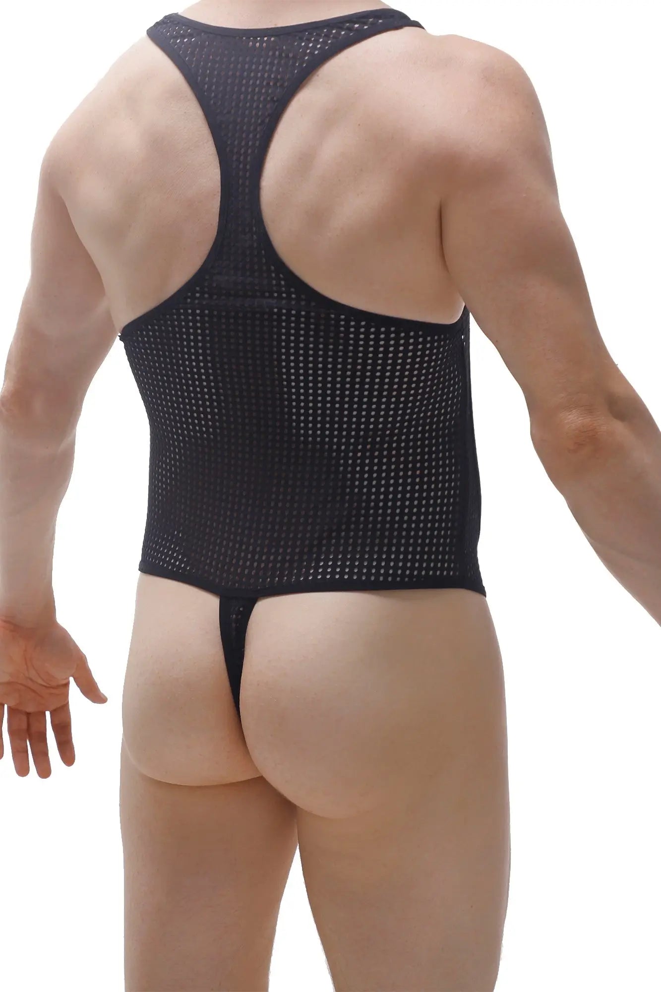 Black mesh athletic one-piece bodysuit thong medis durtol with racerback design shown from the back side