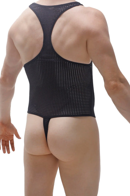 Black mesh athletic one-piece bodysuit thong medis durtol with racerback design shown from the back side