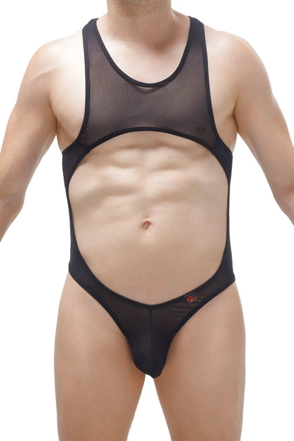 Black sheer mesh one-piece bodysuit thong medis net with cutout design for stylish swimwear or lingerie look