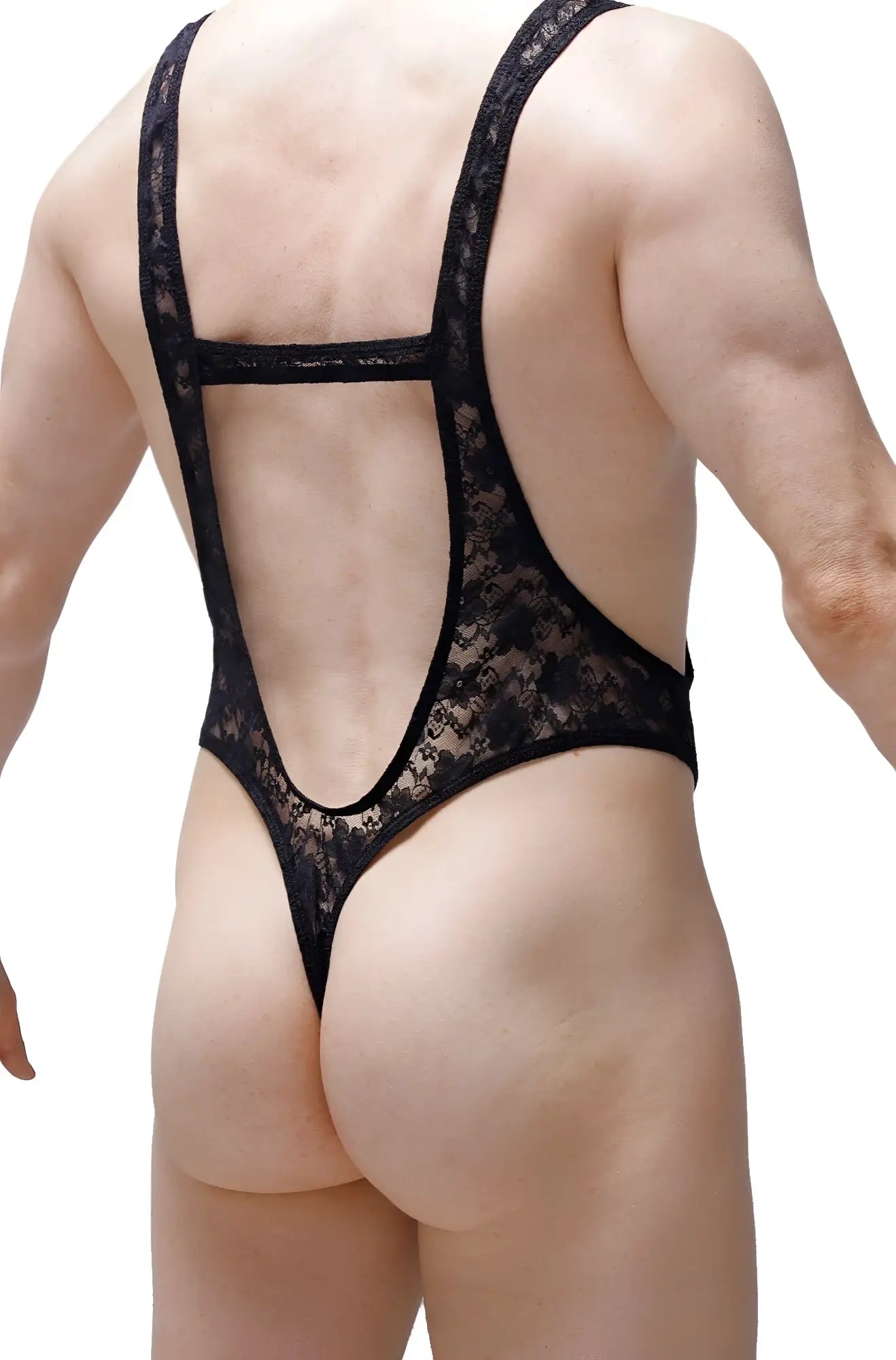 Black lace bodythong with backless open design and thin straps showcasing delicate lace material