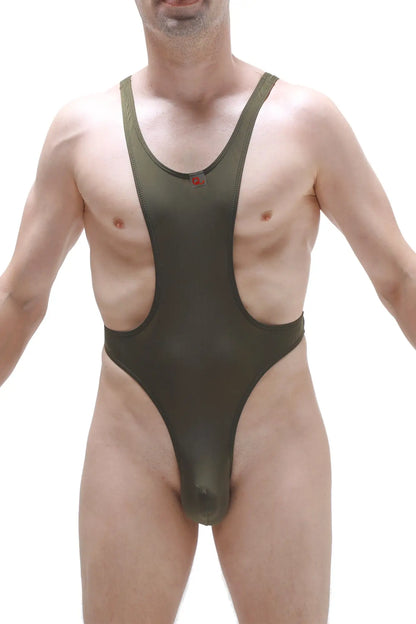 Olive green bodythong aunou plum olive one-piece swimsuit with wide shoulder straps and red button at neckline