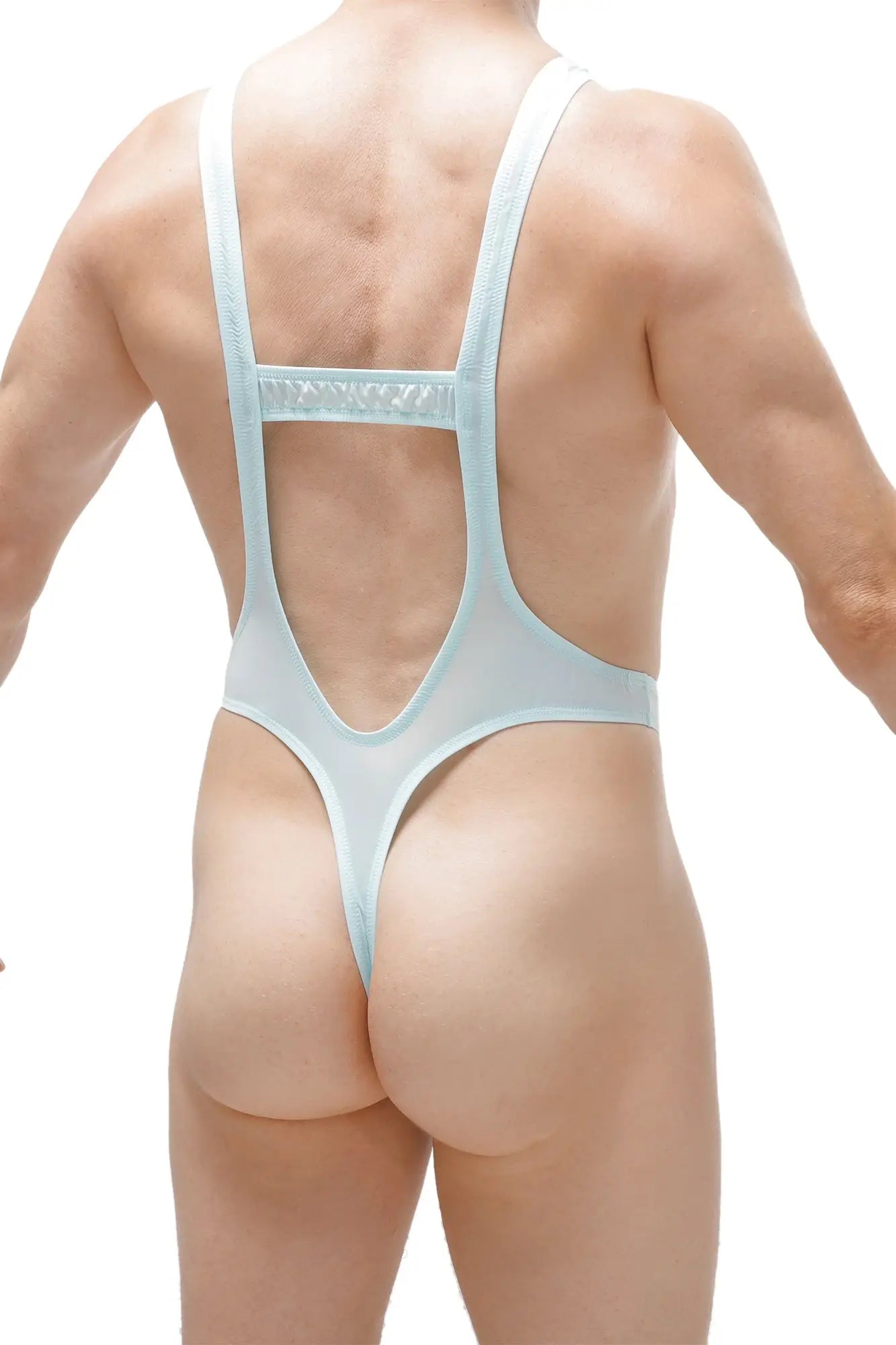 Light blue sheer mesh one-piece swimsuit bodythong aunou plum sky blue with thin straps and back cutout shown from back