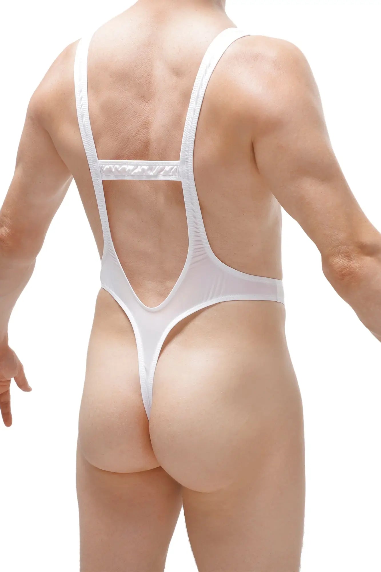 White shiny form-fitting one-piece bodythong aunou plum swimsuit with thin straps and cutout back shown from the back