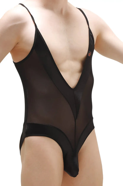 Black sheer mesh one-piece swimsuit bodythong bonson black with deep v-neckline and solid black fabric trim