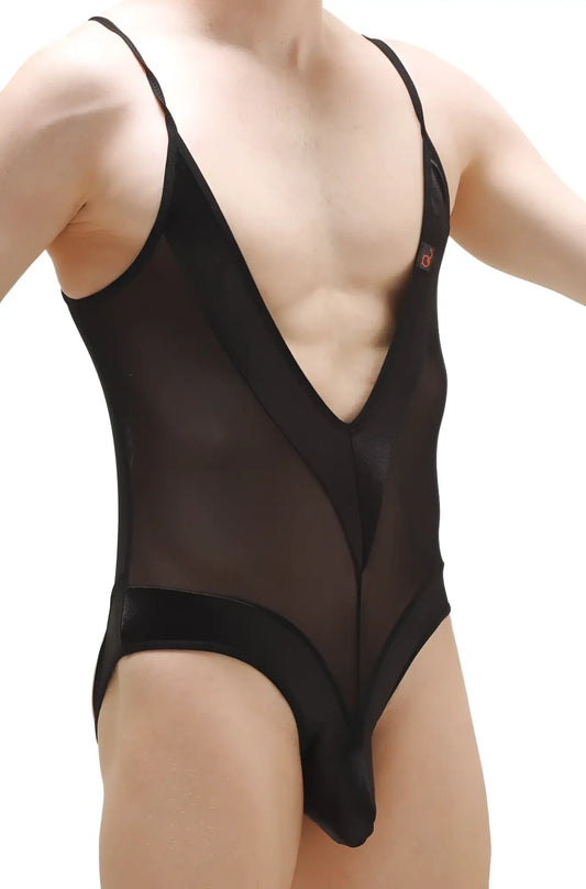 Black sheer mesh one-piece swimsuit bodythong bonson black with deep v-neckline and solid black fabric trim