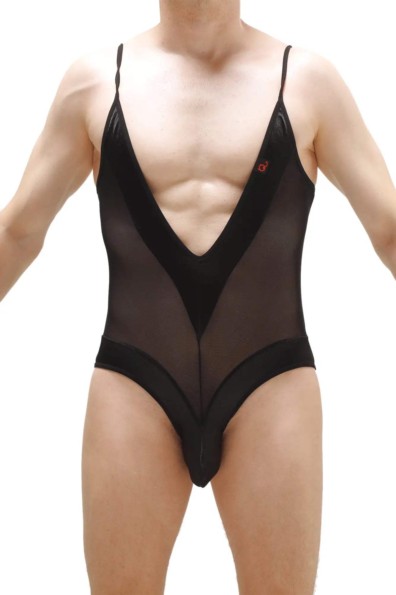 Bodythong Bonson black sheer mesh one-piece swimsuit with plunging v-neckline and solid fabric panels at sides and waistband