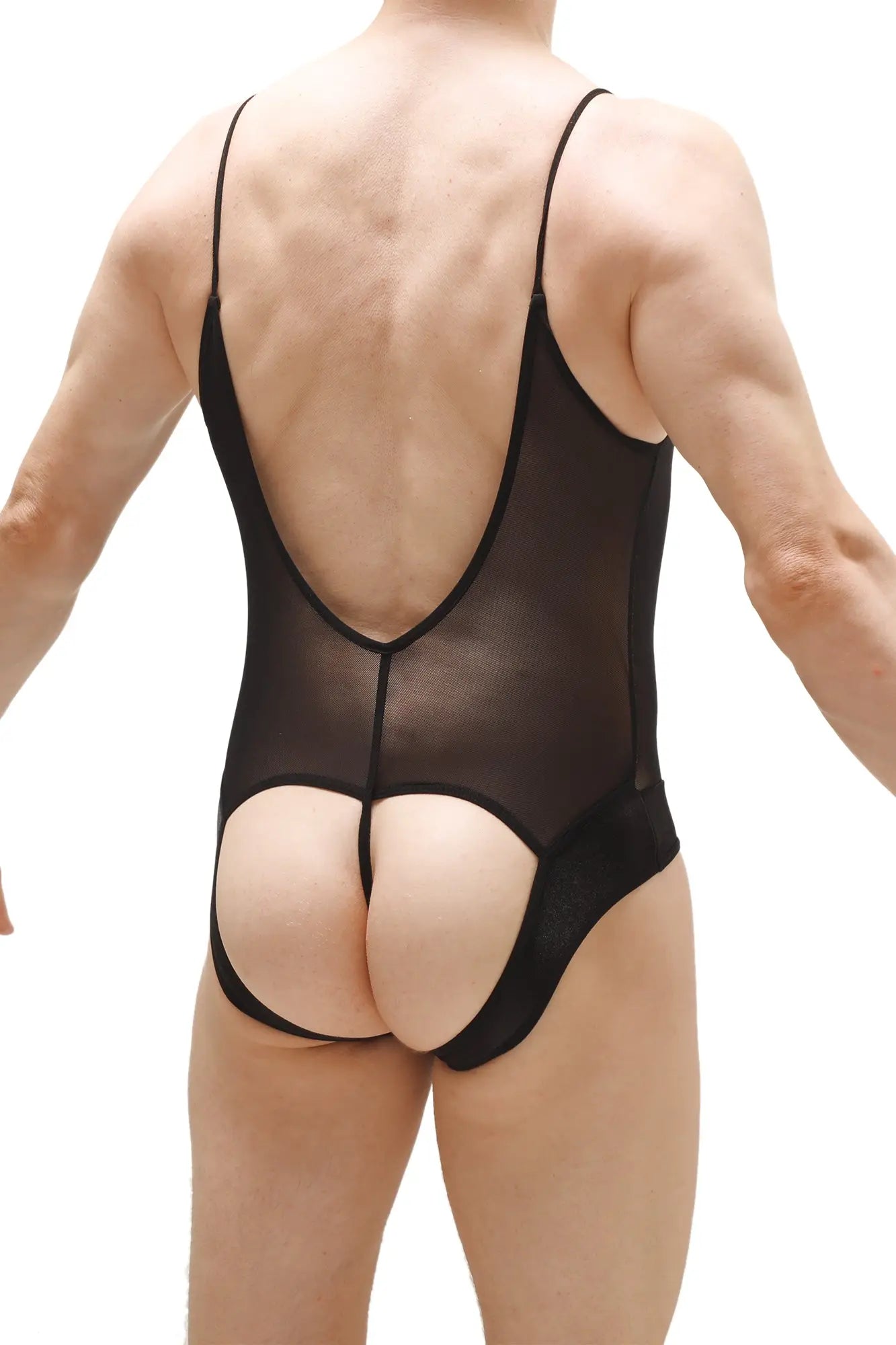 Back view of bodythong bonson black sheer mesh one-piece swimsuit with thin straps and cutout at the back