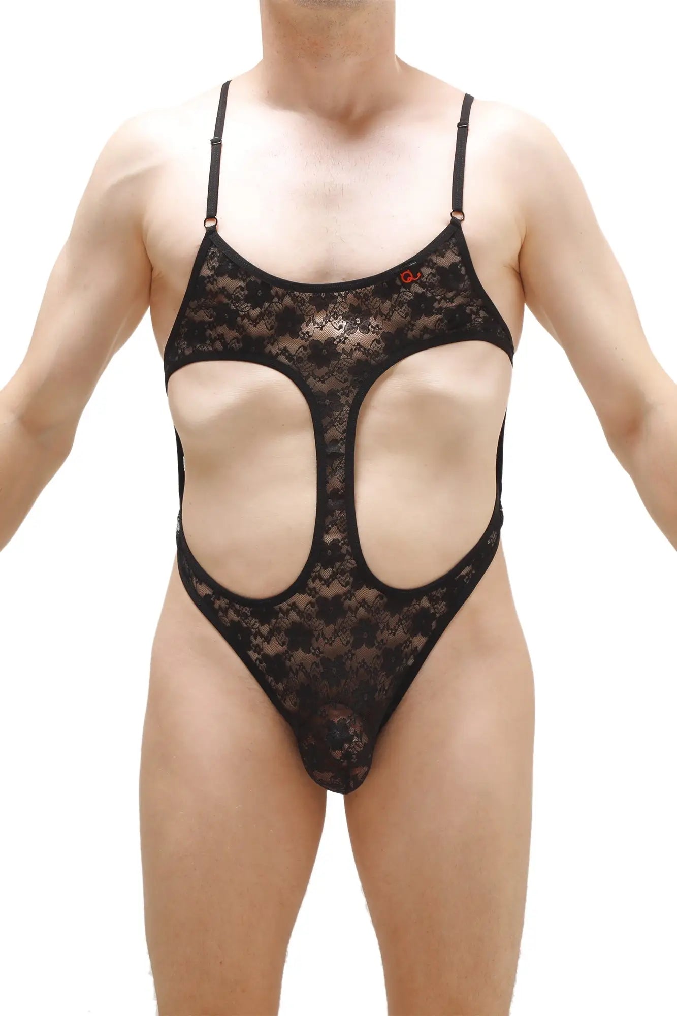 Black lace bodysuit with cutout design featuring delicate lace material in black for stylish lingerie wear