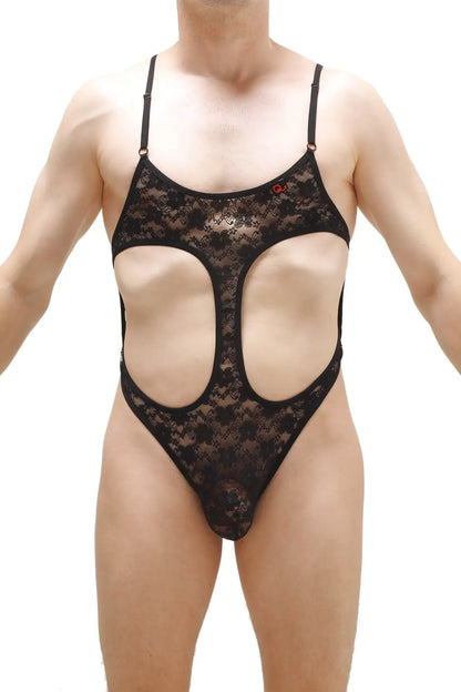Black lace bodysuit with cutout design featuring delicate lace material in black for stylish lingerie wear