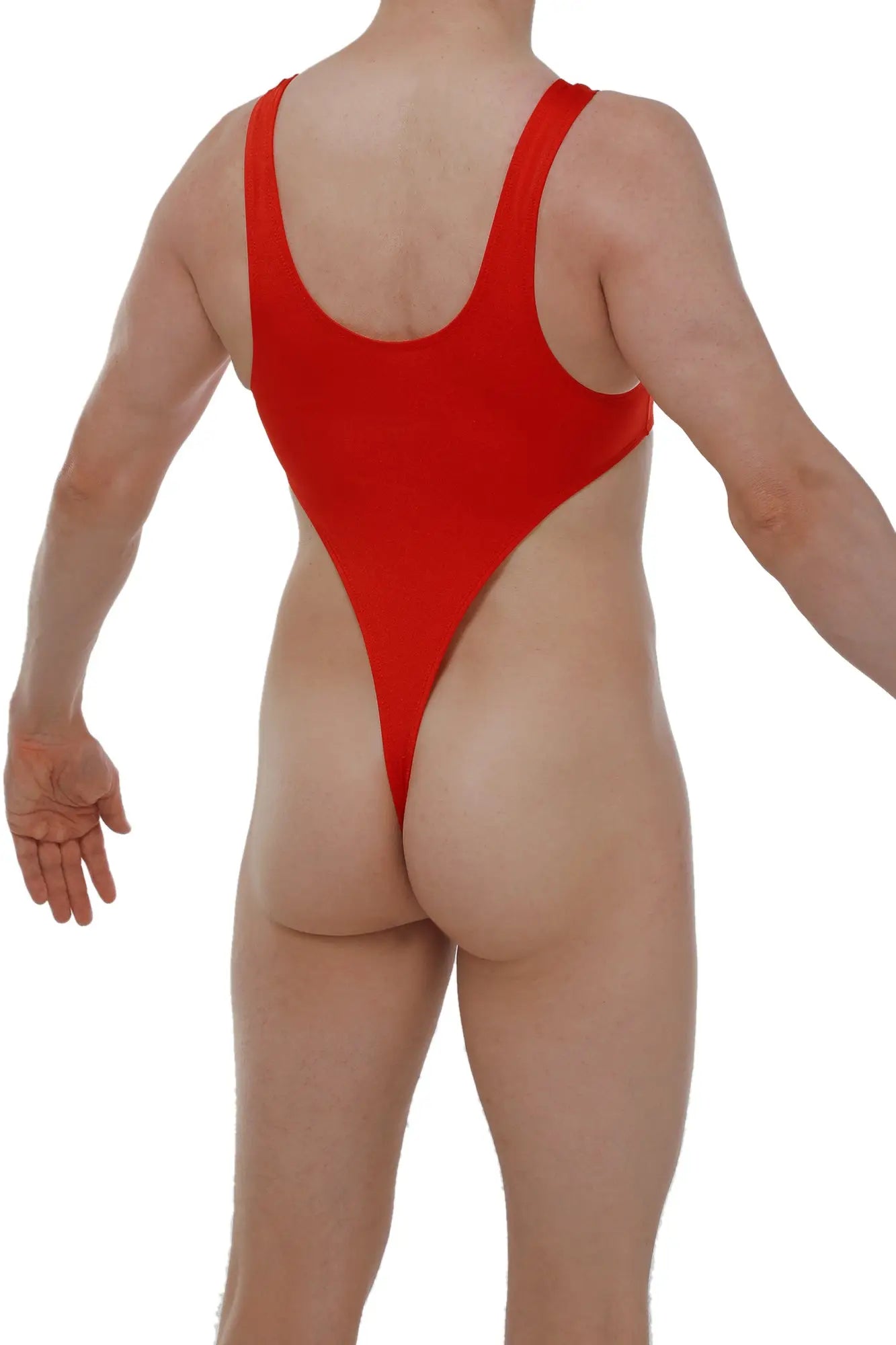 A vibrant red bodythong carbay joe one-piece swimsuit with wide shoulder straps and high-cut leg design