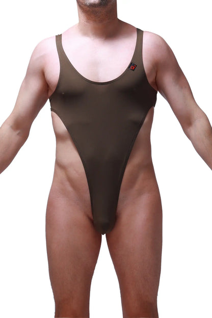 Olive green bodythong carbay one-piece swimsuit with high-cut leg and thin shoulder straps for stylish swimwear