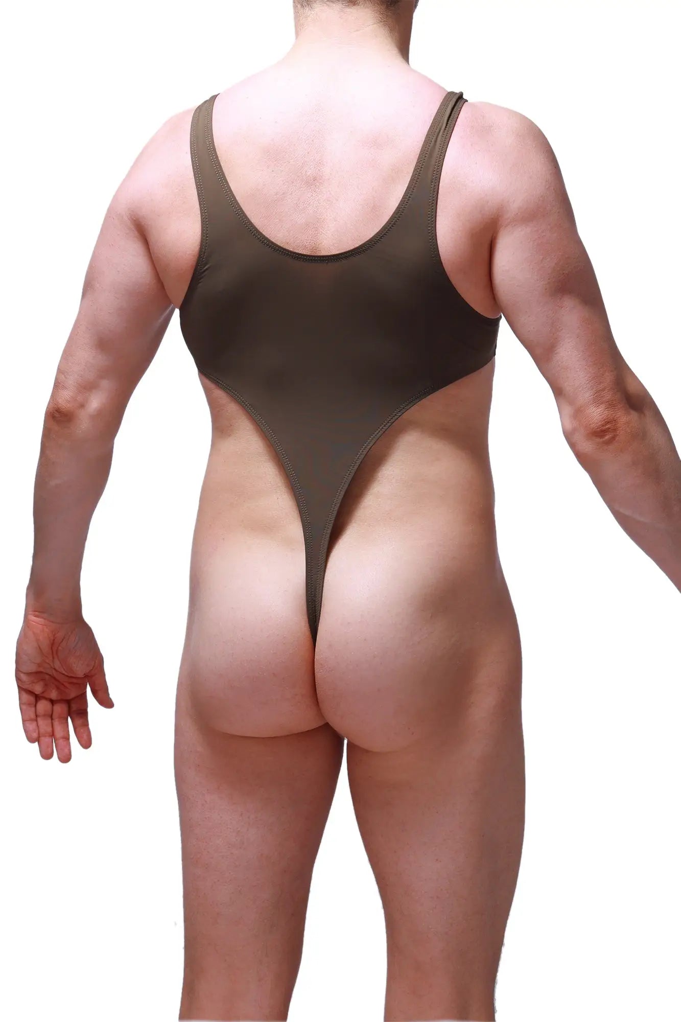 Olive green one-piece swimsuit bodythong carbay with high-cut legs and thin shoulder straps