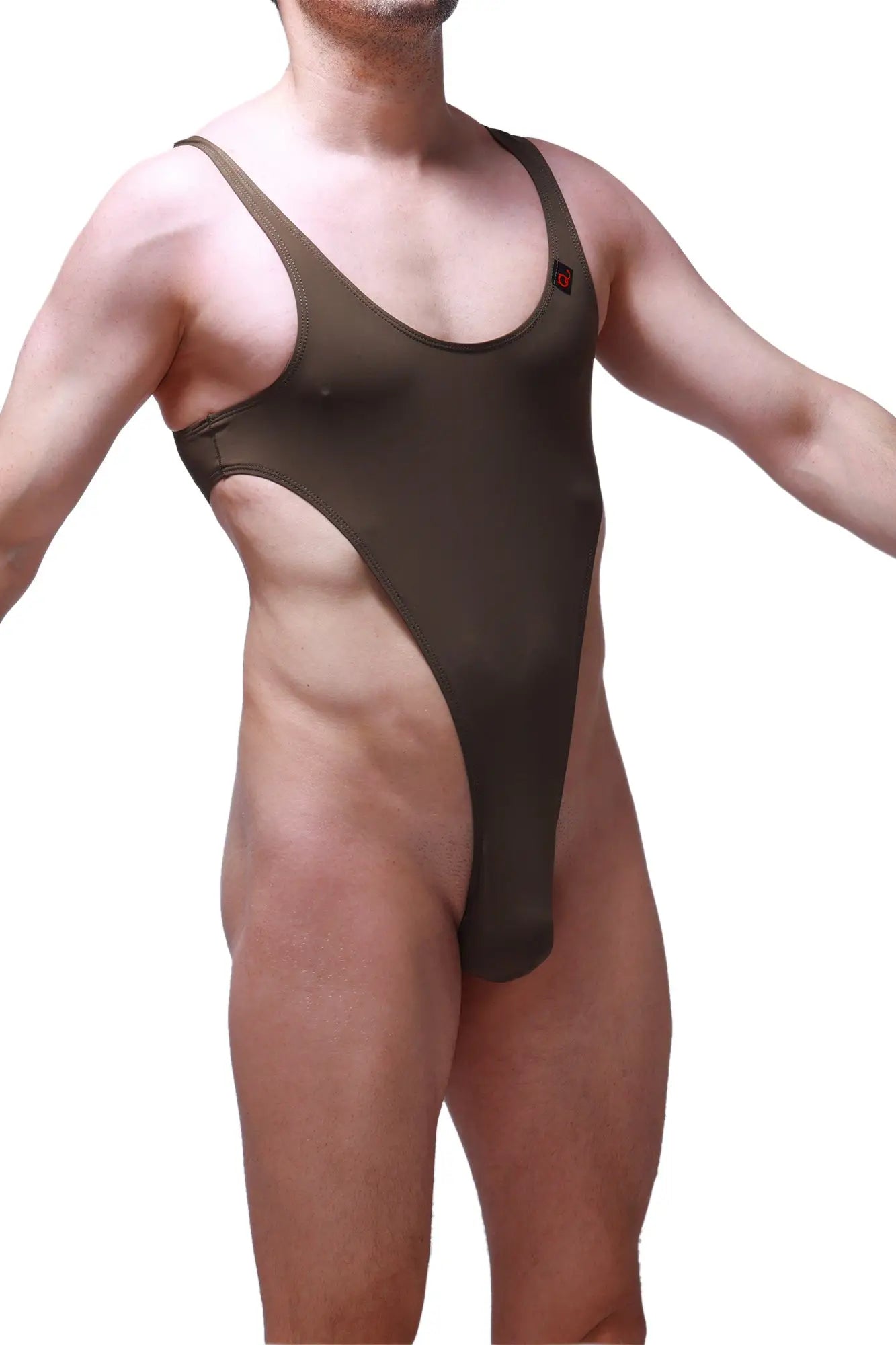 A sleek olive-green one-piece bodythong swimsuit with high-cut legs and thin shoulder straps