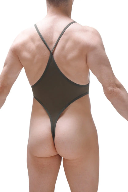 A sleek dark olive green one-piece swimsuit bodythong causson plum green with thin crisscross straps and high-cut legs