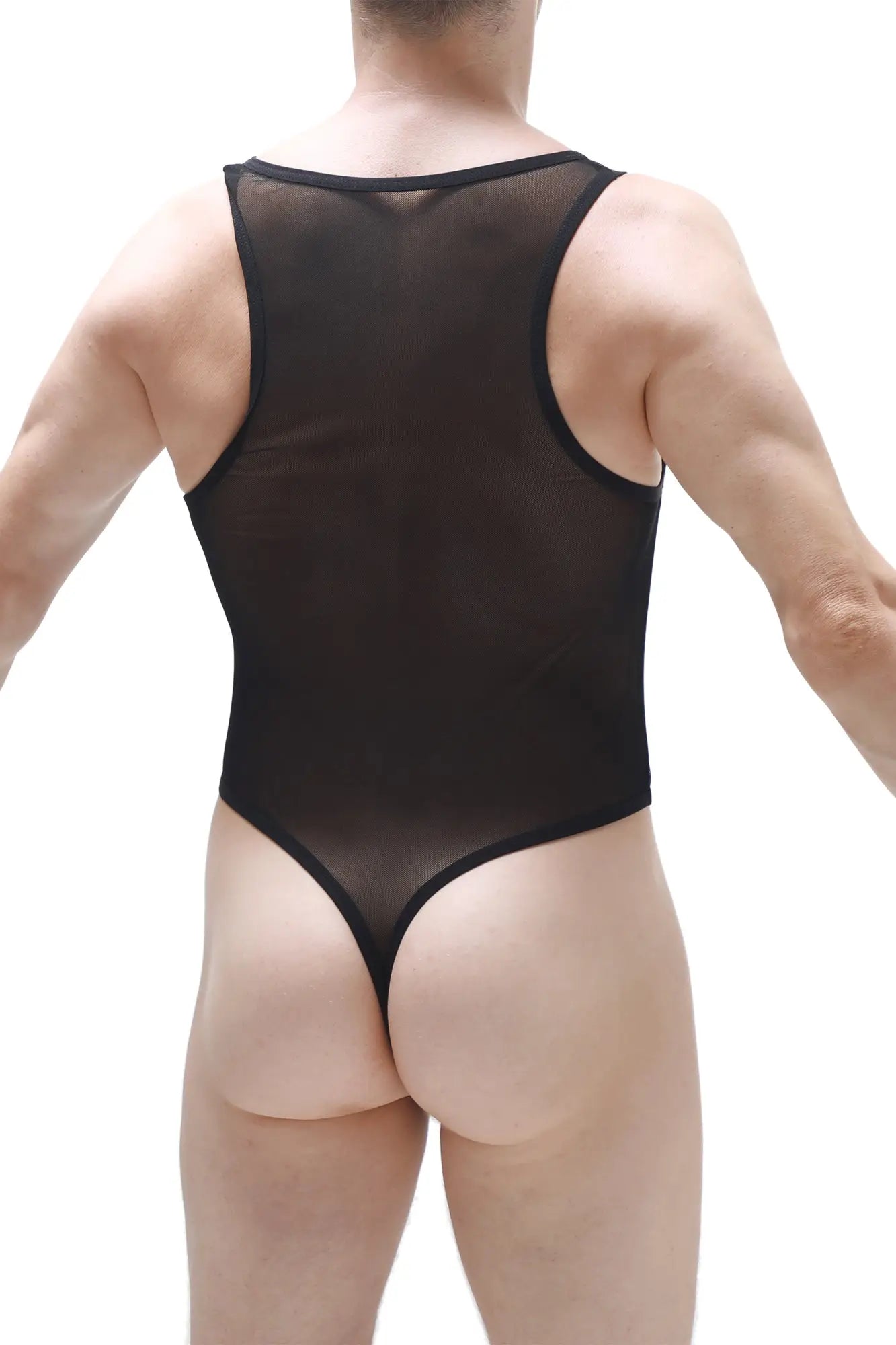 Bodythong Chapois black sheer mesh one-piece with high-cut leg design and black trim front view
