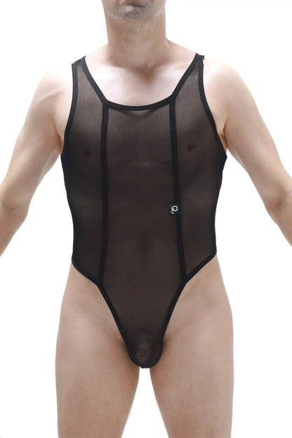 Black sheer mesh one-piece swimsuit with black trim showing the back side bodythong chapois black