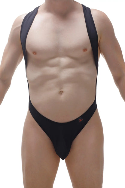 Black BodyThong Deluz one-piece swimsuit with wide shoulder straps and high-cut leg design front view