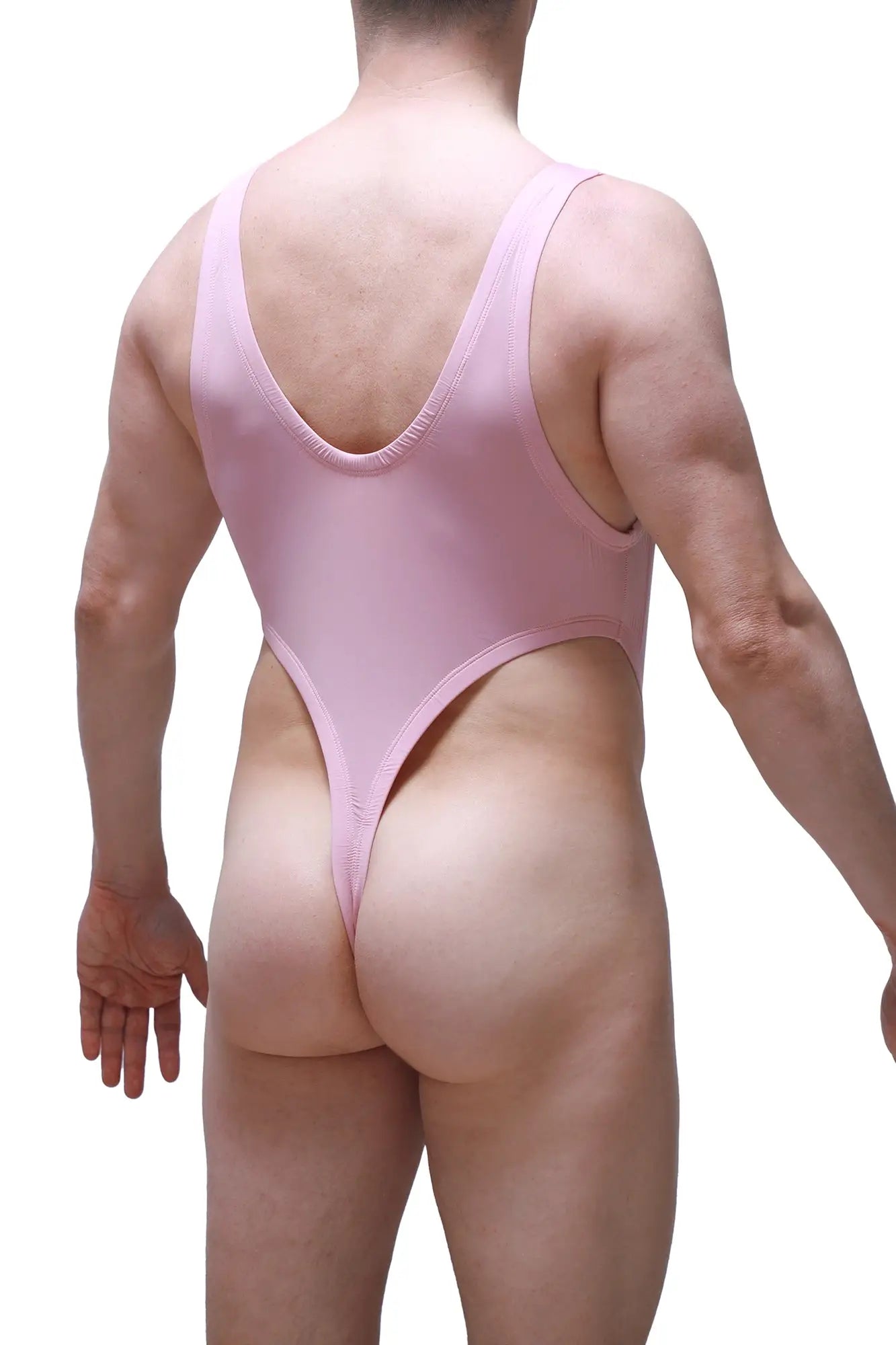 Bodythong gonzac skine tea rose sleek pink one-piece swimsuit with deep v-back and high-cut leg openings shown from back