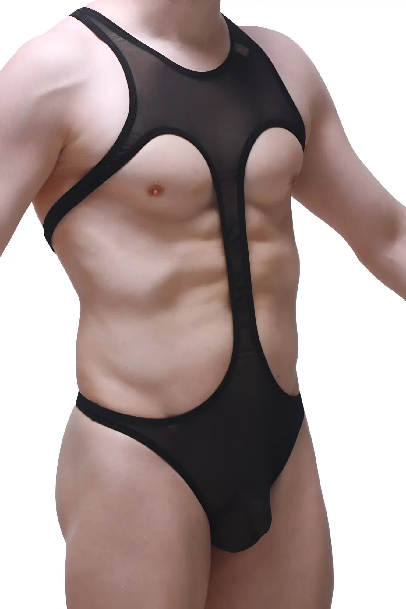 Black sheer mesh one-piece swimsuit bodythong gracay net black with bold cutouts and reinforced black trim